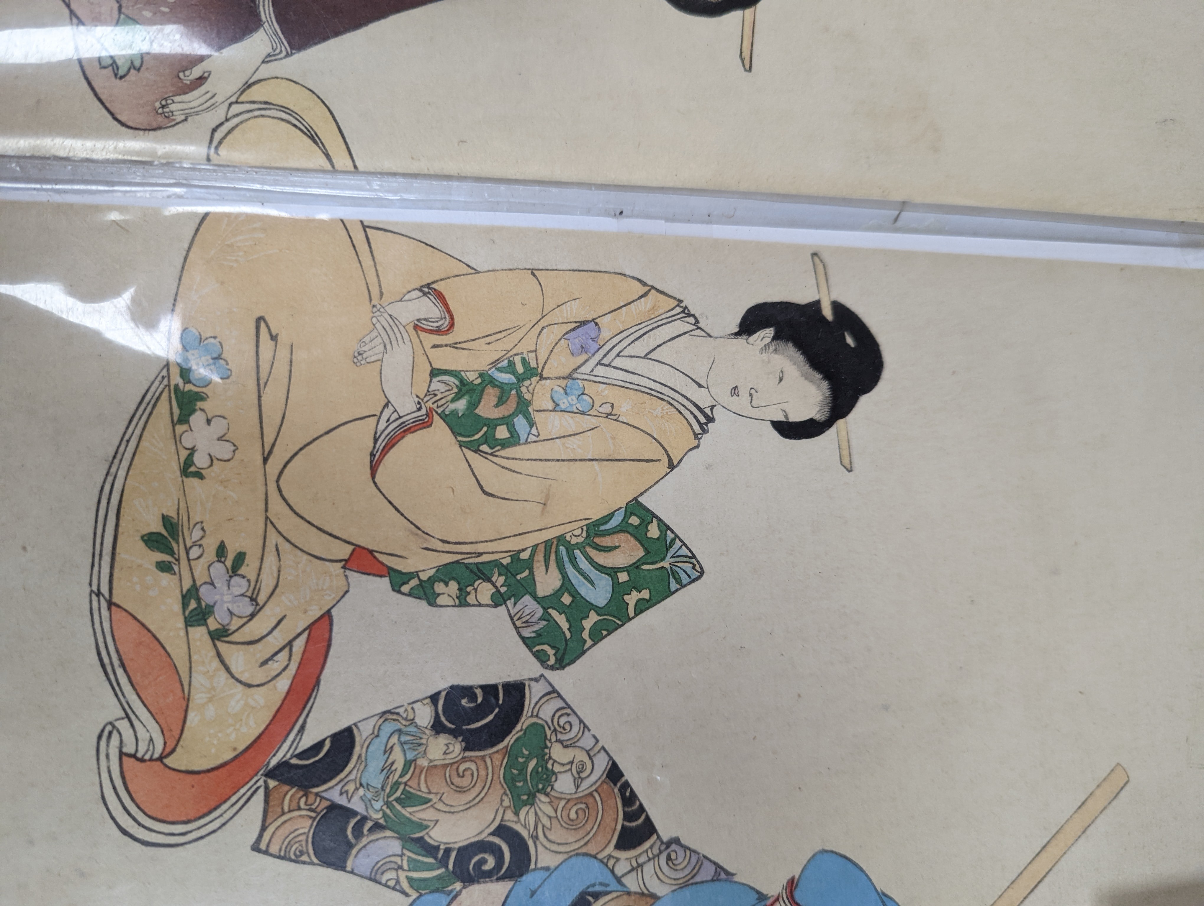 Three Japanese woodblock triptychs by Chikanobu Toyohara and others, Oban format